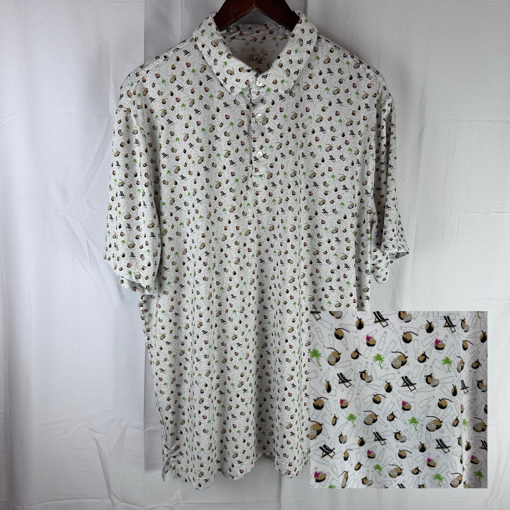 1764 Golf Men's XL Golf Polo Coconuts Beach Chairs‎ Palms All Over Print